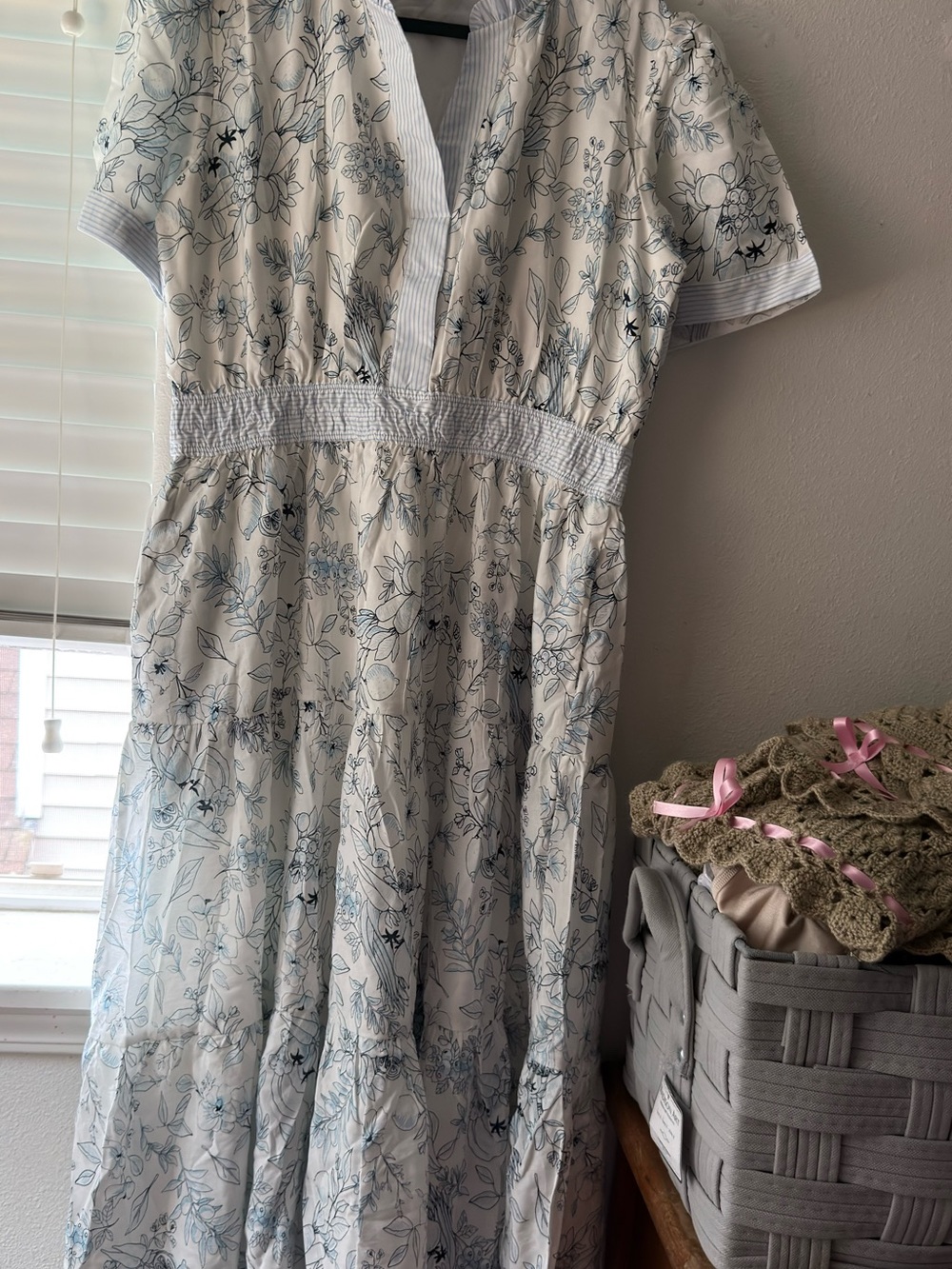 White Midi Dress with Blue Floral Print and Smocked Waist